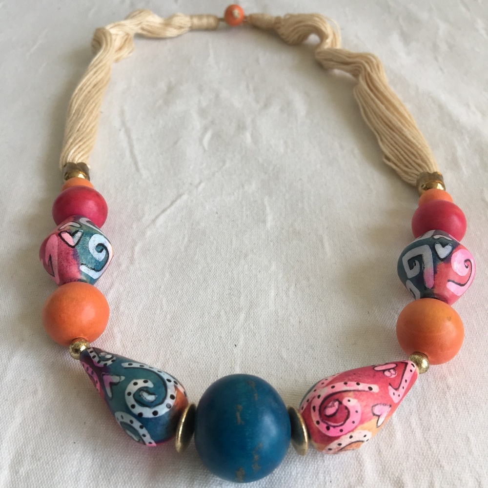 Vintage Colorful Painted Bead Necklace 1970's